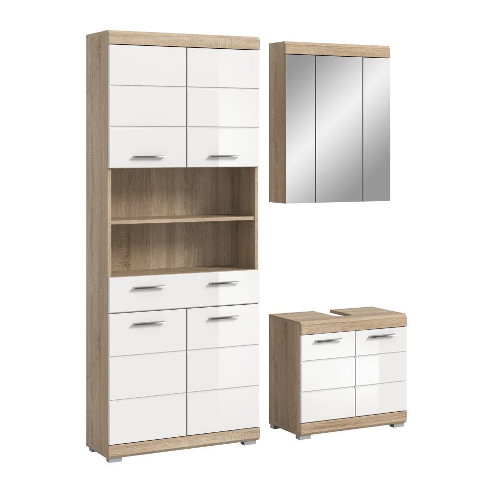 Komplettes dreiteiliges Badezimmermöbelset in Hochglanz Weiß und heller Holzoptik, bestehend aus Hochschrank, Spiegelschrank und Waschtischunterschrank – Calbanyara