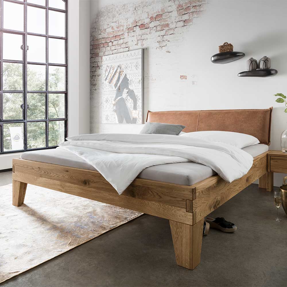 Modernes Wildeiche Bett mit Polsterkopfteil - Aryvano