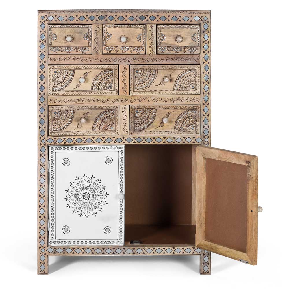 Mangoholz Highboard mit offener Schranktür, Einlegeboden und orientalischen Verzierungen – Magie