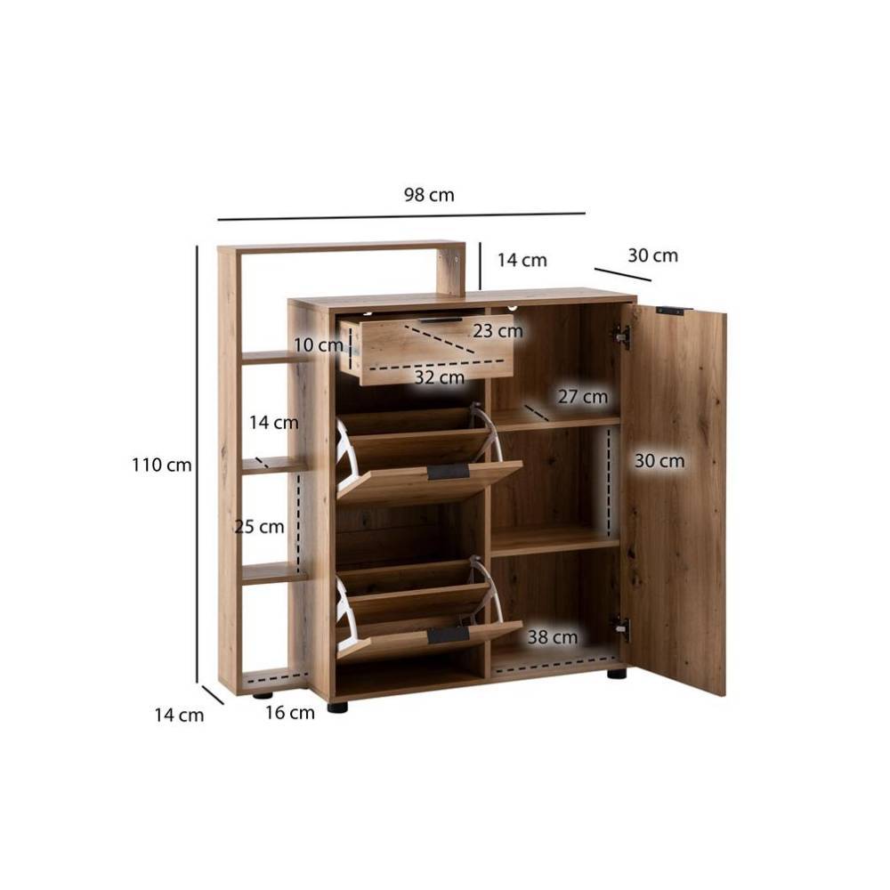 Flur-Highboard in Eiche Holzdekor mit detaillierter Maßgrafik und Abmessungen – Zerial