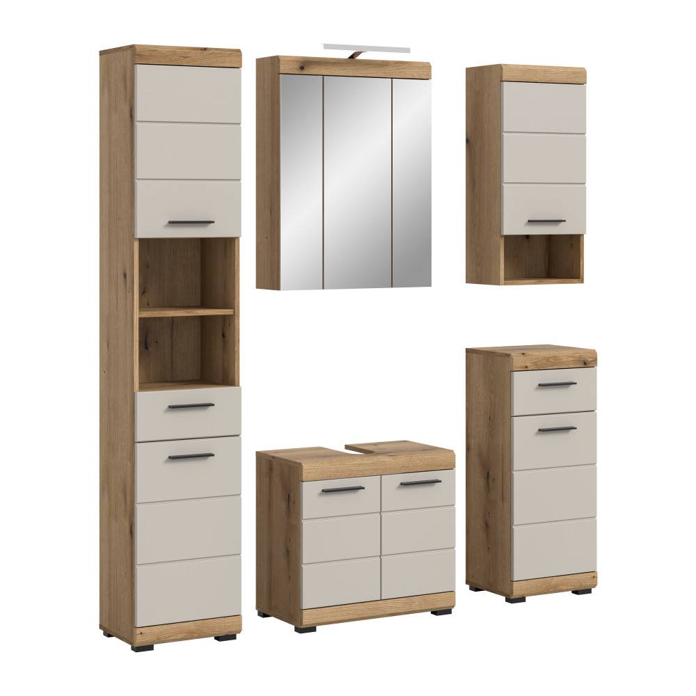 Fünfteiliges Badmöbelset Casserra I in Holzoptik und Beige mit Rillenoptik – Casserra