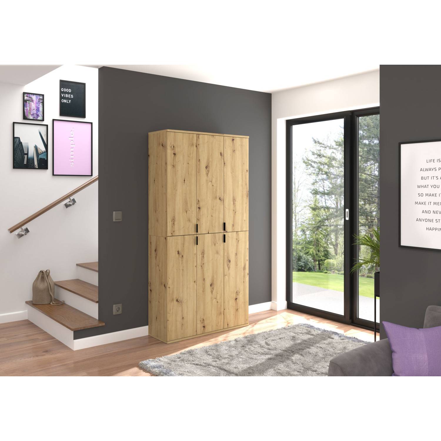 Schrankkombination aus mehreren Modulen in heller Holzoptik mit vier Türen im Wohnzimmer – Pretty
