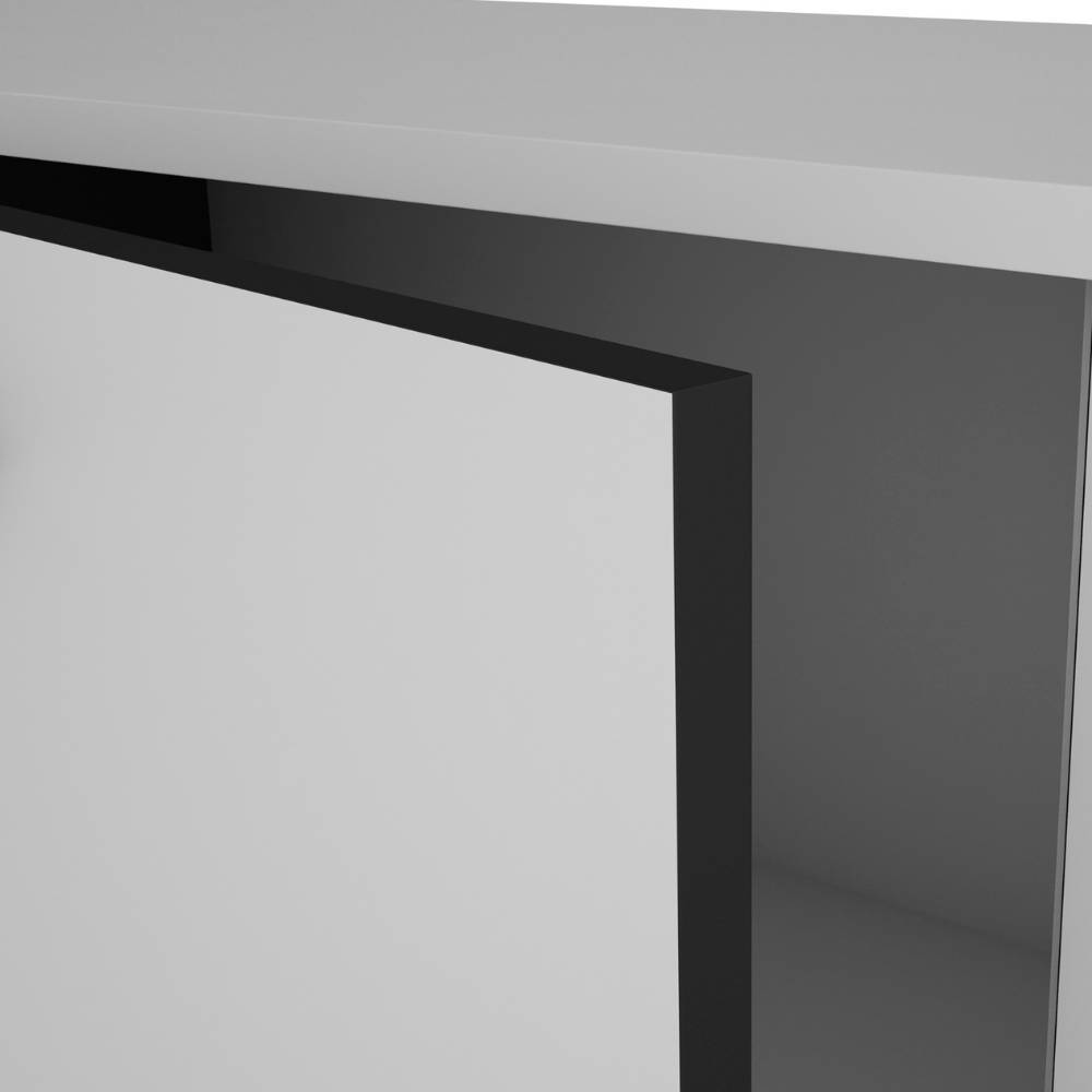 Kante der Tür eines weißen Sideboards mit schwarzem Rahmen und Innenbereich – Planet