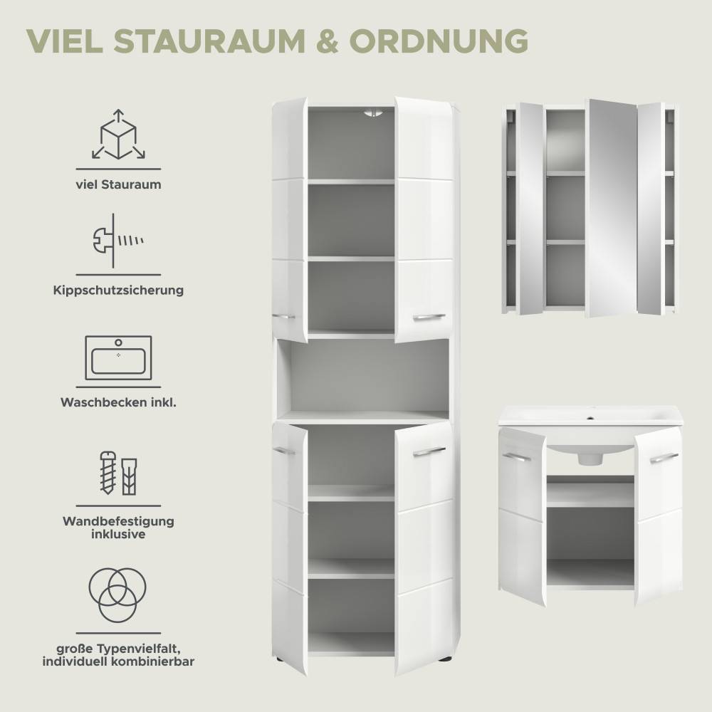 Badmöbelset mit viel Stauraum, inklusive Waschbecken, Kippschutz und Wandbefestigung – Clona