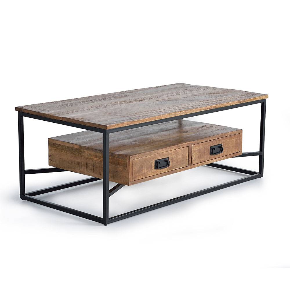 Industrial Couchtisch aus Mangoholz und schwarzem Metall mit zwei Schubladen schräg – Olmidava