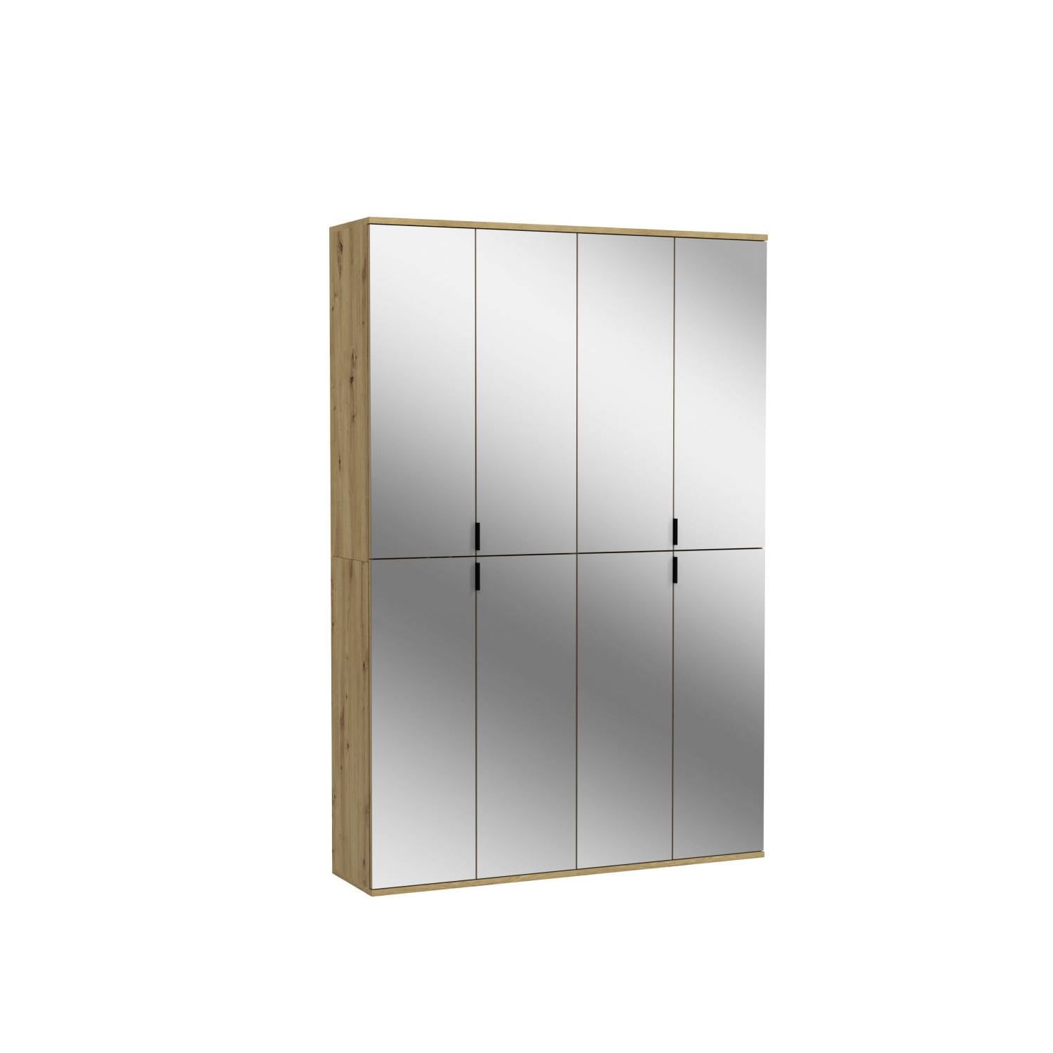 Modernes Garderobenset mit acht Spiegeltüren und heller Holzoptik, freigestellt – Pretty