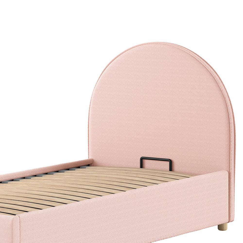 Gewölbtes Kopfteil vom rosa Boucle Polsterbett 90x200 mit Lattenrost – Skylab