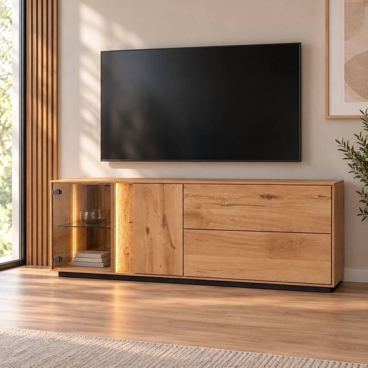 TV Board mit Glas Bereich und LED Licht - Cocondar