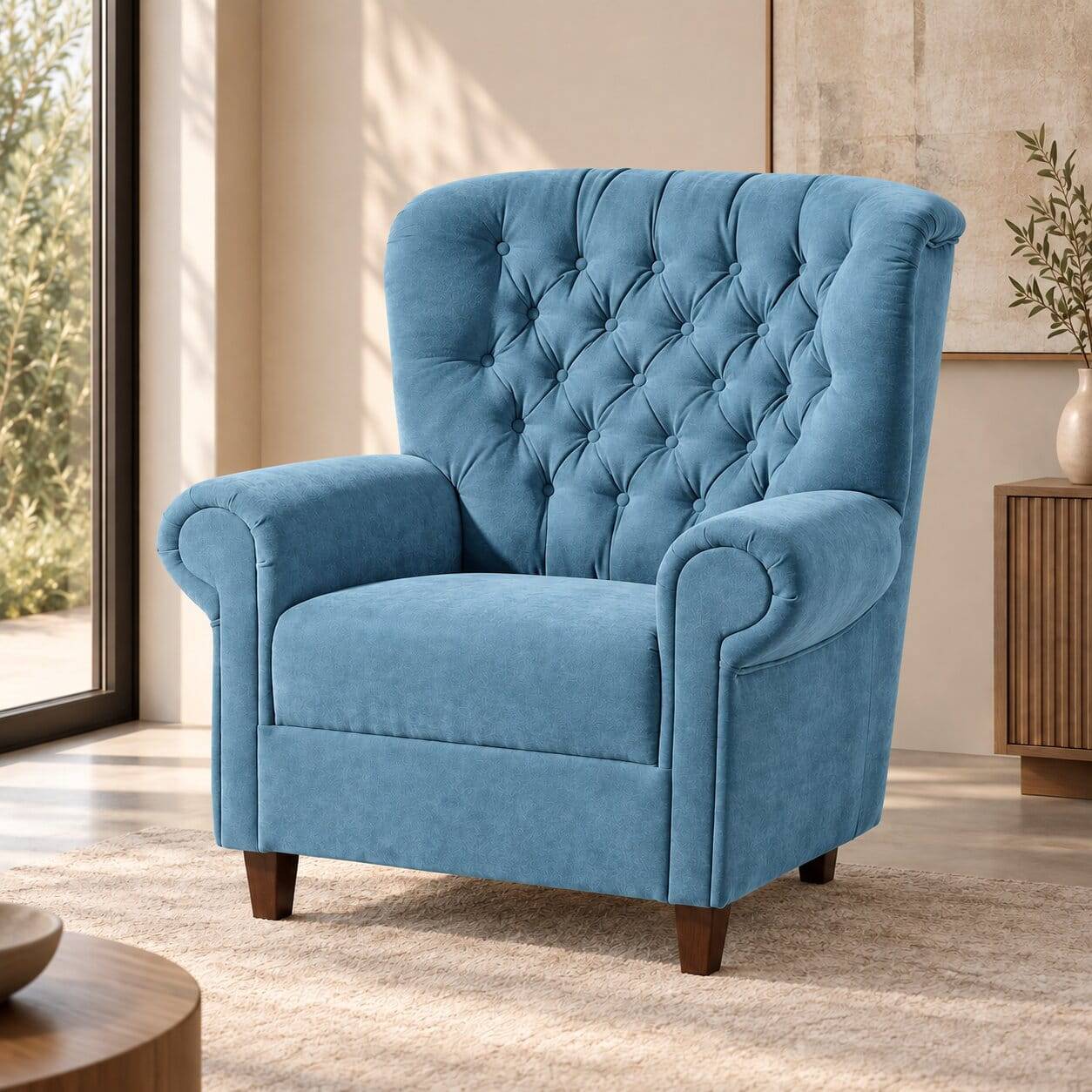 Velours Ohrensessel in Petrol Blau - Millena