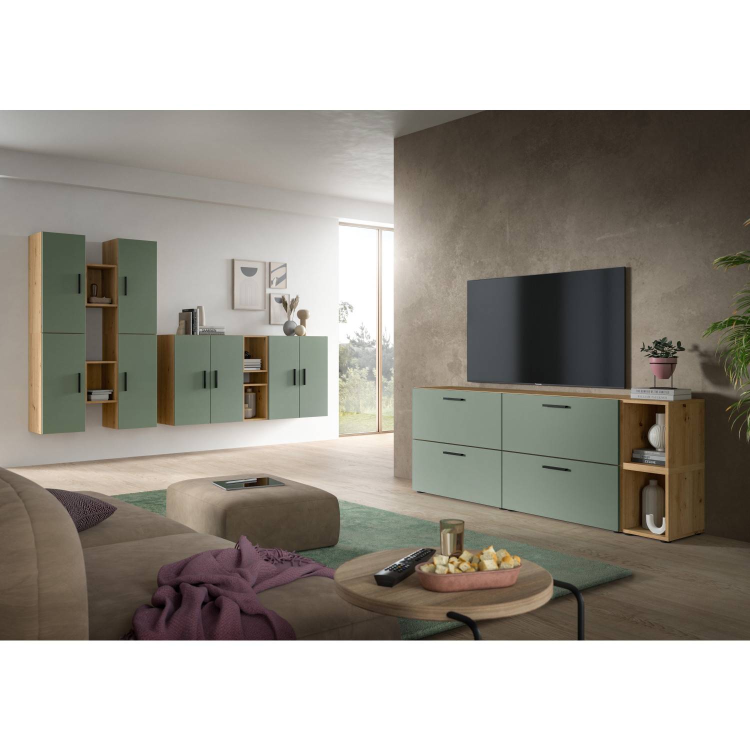 Vierteilige Wohnwand Jonni mit Hängeschränken und TV-Möbel in Grün und Holz im Wohnzimmer – Jonni