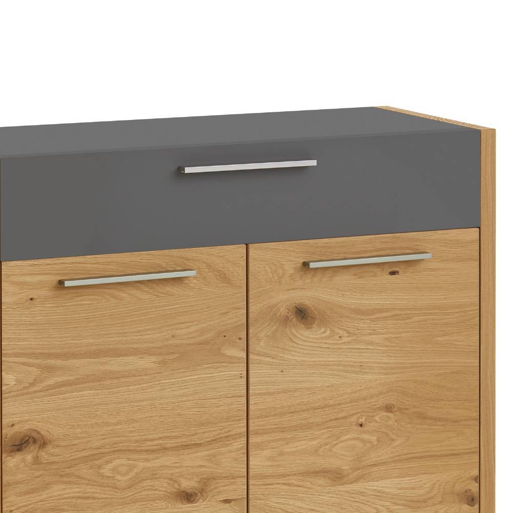Oberer Bereich des modernen Vertikos in Eiche Bianco und Anthrazit mit Metallgriffen – Arturus