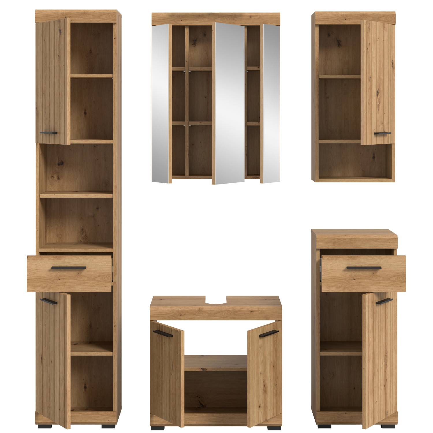 Fünfteiliges Badezimmerset in Rillenoptik mit Spiegelschrank, Waschtischunterschrank und Hochschrank – Lasewood