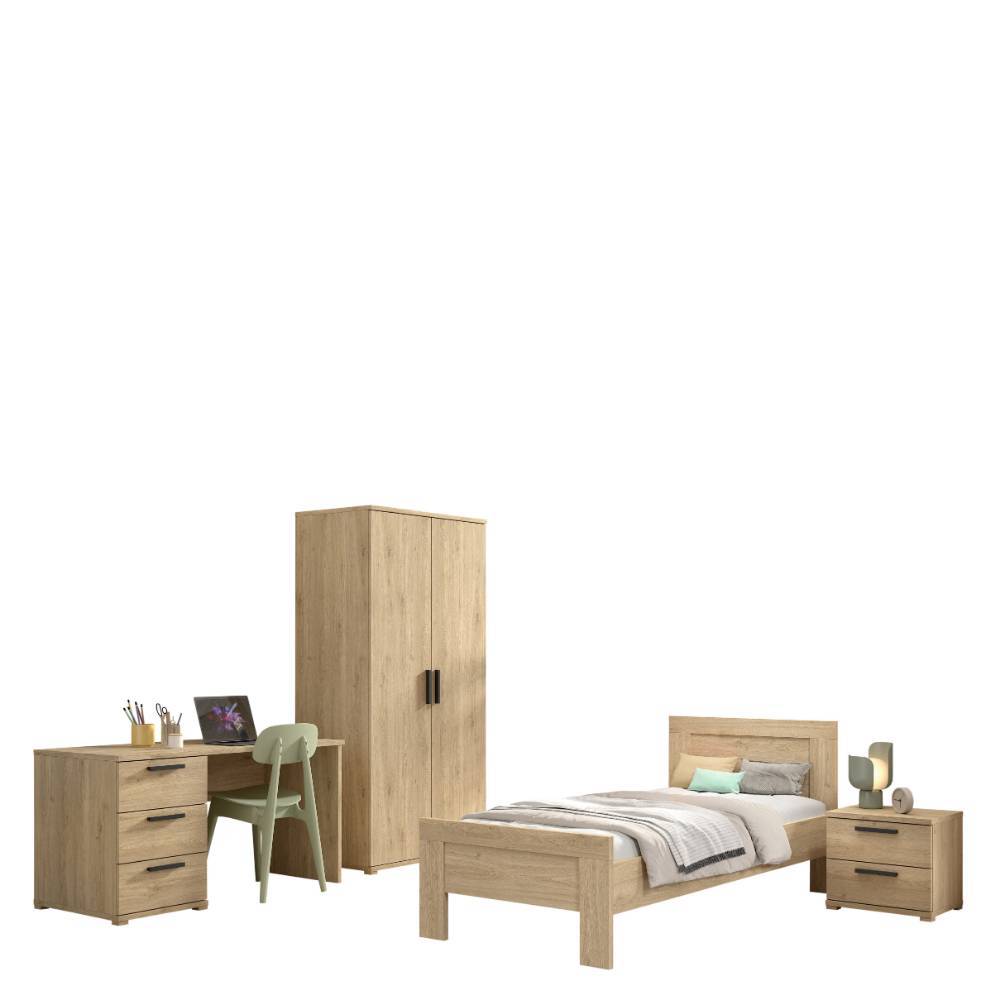Vierteiliges Jugendzimmer in Eiche Holzoptik mit Bett, Nachtschrank, Kleiderschrank und Schreibtisch – Choice