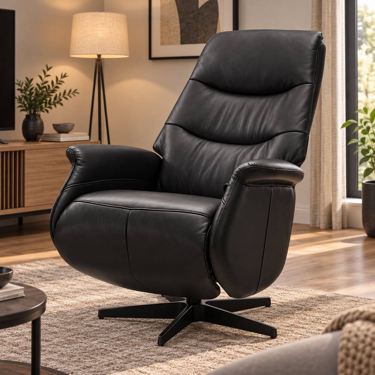 Eleganter schwarzer Relaxsessel aus Leder mit Drehfuß für Wohnzimmer – Vedrico