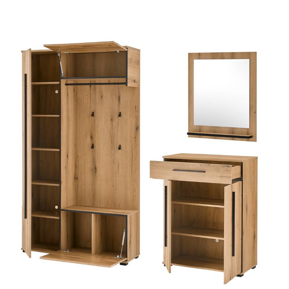 Dreiteiliges Garderoben Set in Eiche Optik mit offener Garderobe, Schuhschrank und Spiegel – Moviess