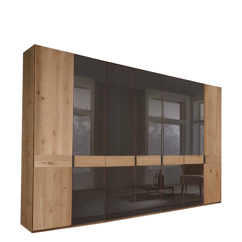 Großer 7-türiger Schlafzimmerschrank in Eiche Bianco mit dunklen Glasfronten und modernem Design – Vutonia