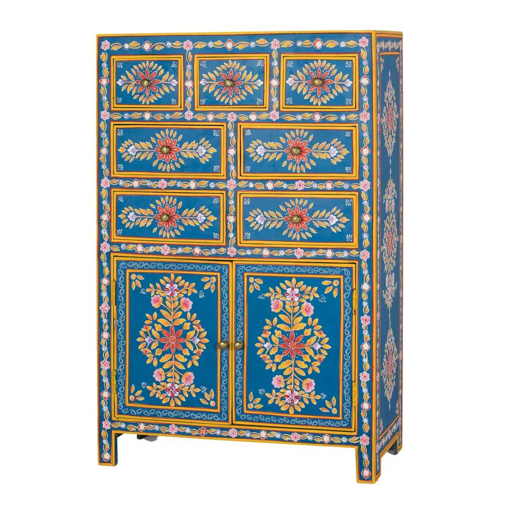 Blaues Highboard mit farbenfrohen floralen Mustern - Vonika