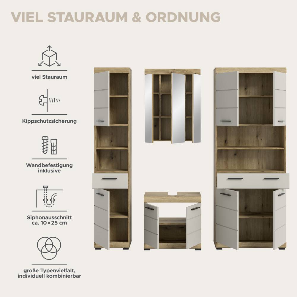 Vielseitiges Badmöbel-Set mit viel Stauraum, Kippschutz und Siphonausschnitt – Casserra