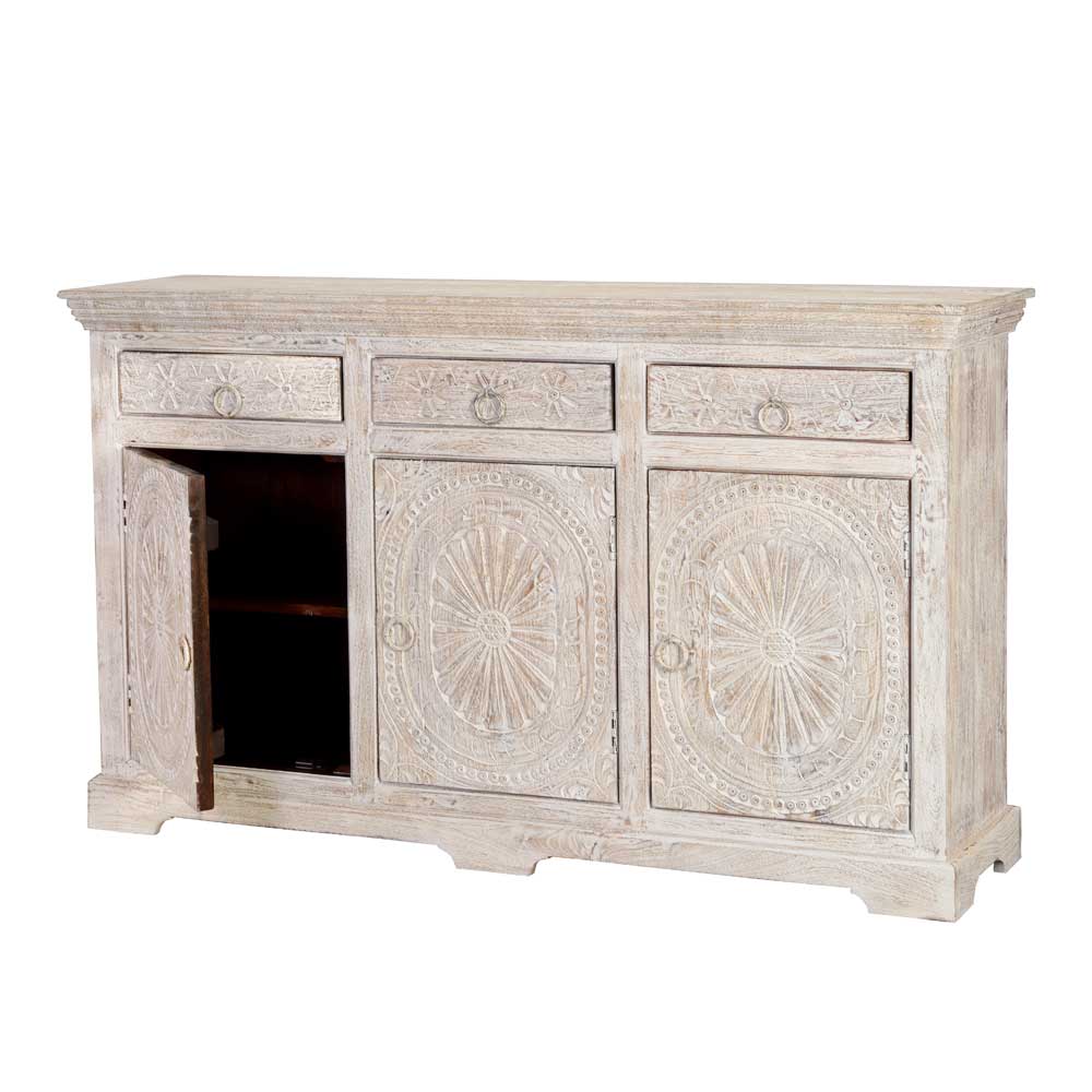 White Wash Sideboard mit Ornament Schnitzereien - Rusula