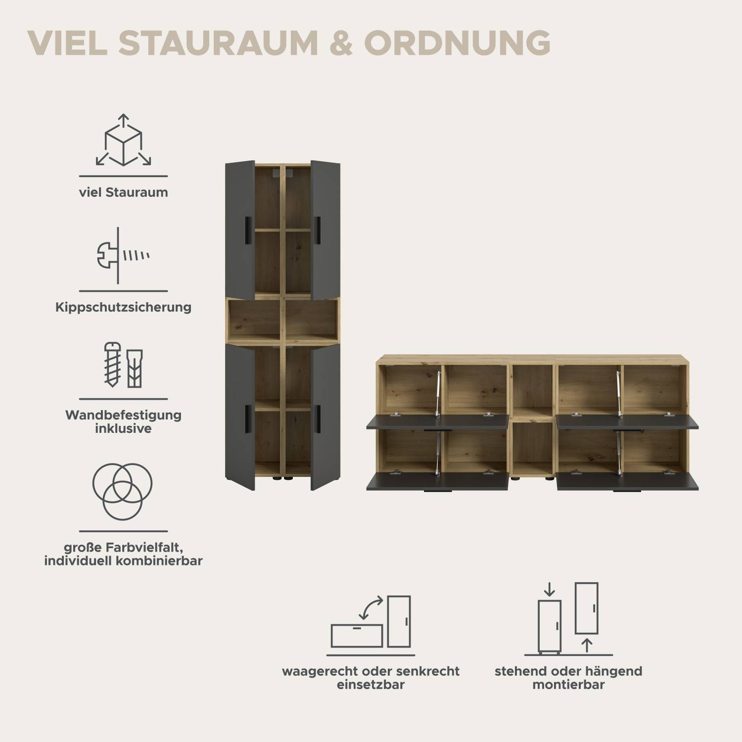Flexible Anbauwand mit viel Stauraum, Kippschutz und Wandbefestigung, stehend oder hängend – Estoron