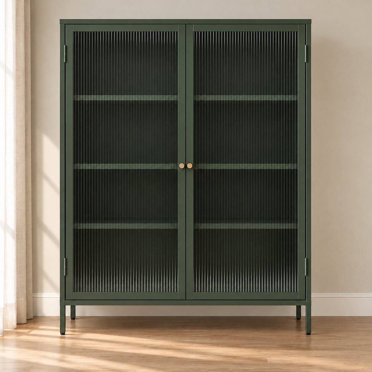 110x140x40 Dunkelgrüne Highboard Vitrine aus Stahl - Estellos