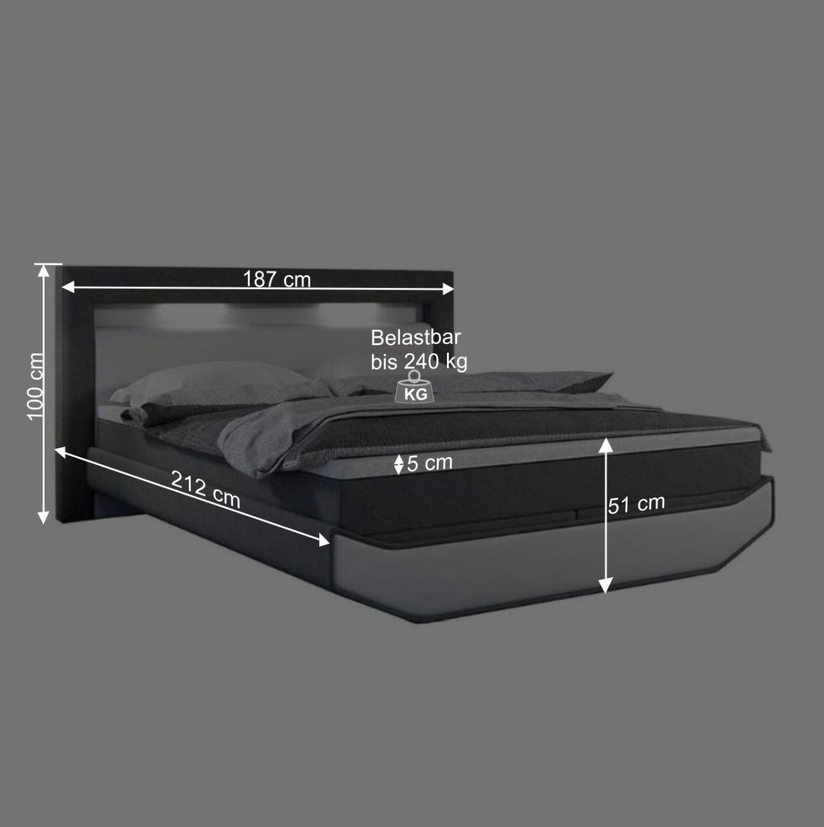 180x200 Design-Boxspringbett mit LED Kopfteil - Poro