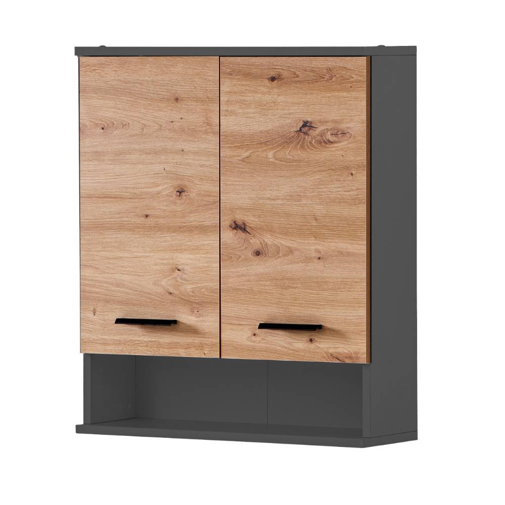 Badezimmer Hängeschrank mit zwei Holztüren, schwarzen Griffen und offenem Fach – Plicardo