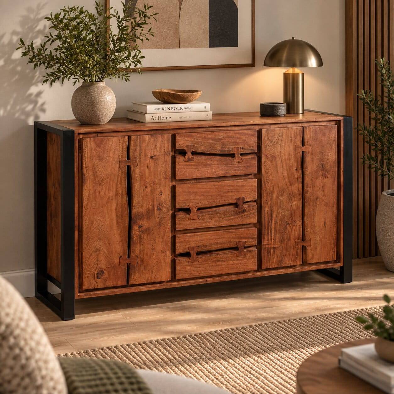 Industry Sideboard aus Akazie Cognac Smantana & Metall Schwarz