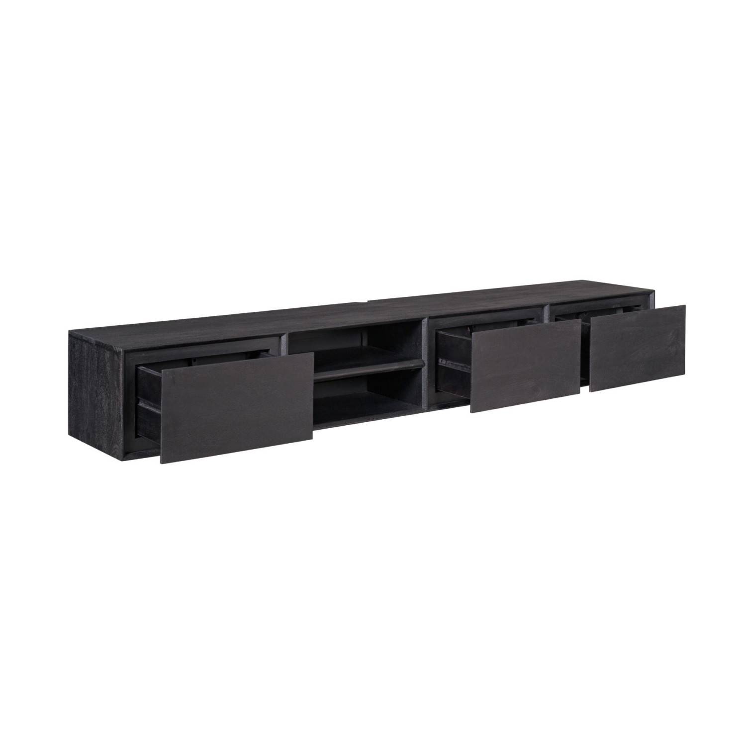 Schwarzes TV Board wandhängend mit geöffneten Schubladen und Ablagefächern – Rondra