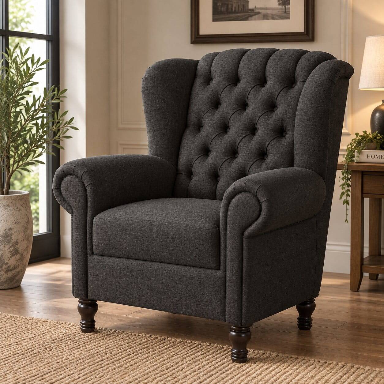 Ohrensessel in Dunkelbraun Stoffbezug mit Federkern und Chesterfield Flair