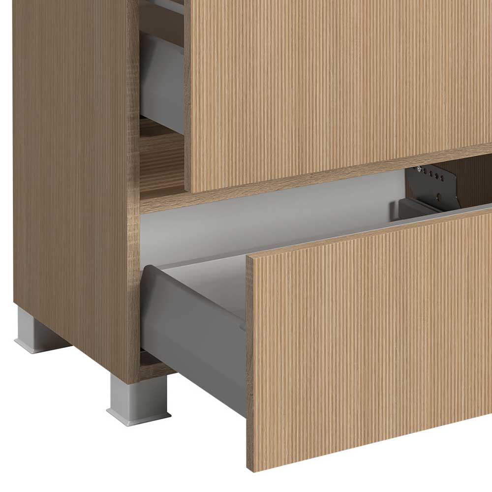 Untere ausziehbare Schublade des Badschranks in Holzoptik mit Laufschienen – Vibulam