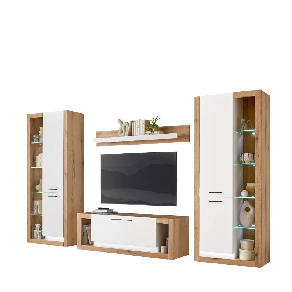 Komplettes Wohnzimmer Ensemble mit beleuchteten Vitrinen und Lowboard – Adejano