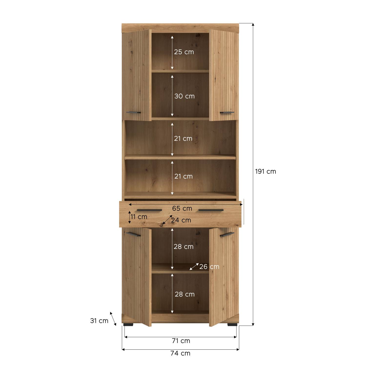 Maße und Abmessungen der hohen Holzkommode Lasewood mit offenen Fächern und Schublade – Lasewood