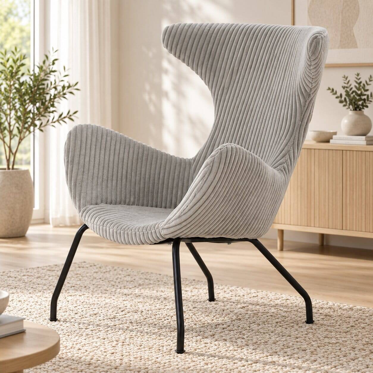 Grauer Cord Sessel im Skandi Design mit schwarzen Metallbeinen