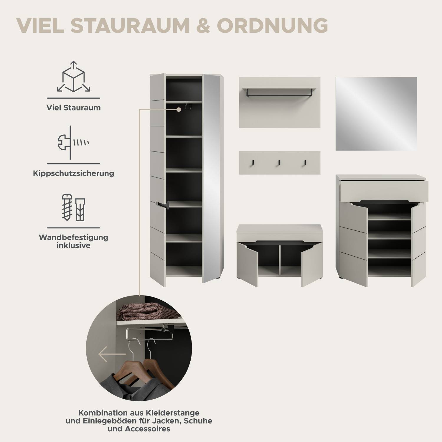 Flurmöbelset mit viel Stauraum, Kippschutzsicherung und Wandbefestigung inklusive – Elvadia