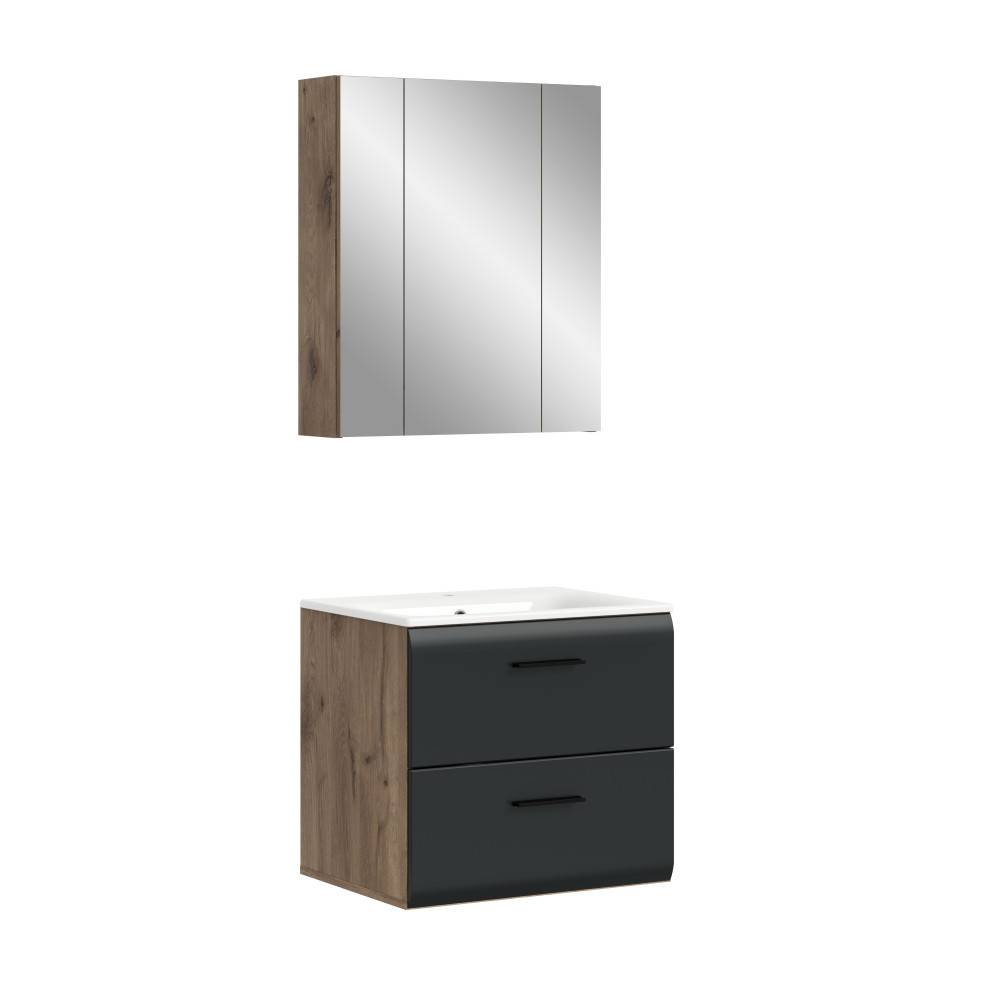 Waschtischunterschrank und Spiegelschrank des Badmöbel Sets in Anthrazit und Holzoptik – Karina