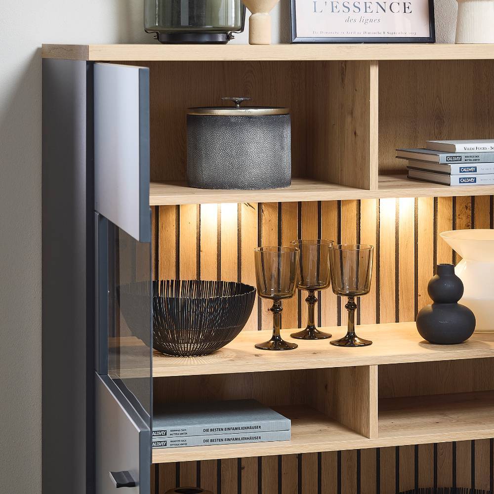 Highboard Vitrine in Dunkelgrau - Azar