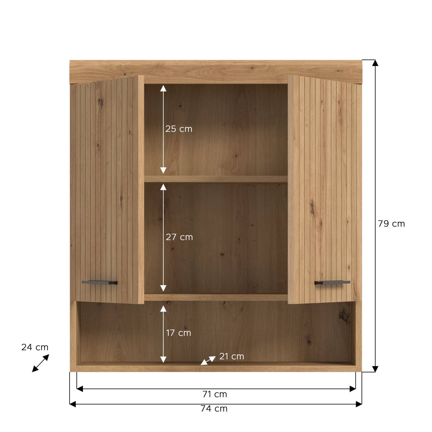 Hölzerner Wandschrank mit Strukturfront, offene Türen zeigen Innenfächer und detaillierte Maße – Lasewood