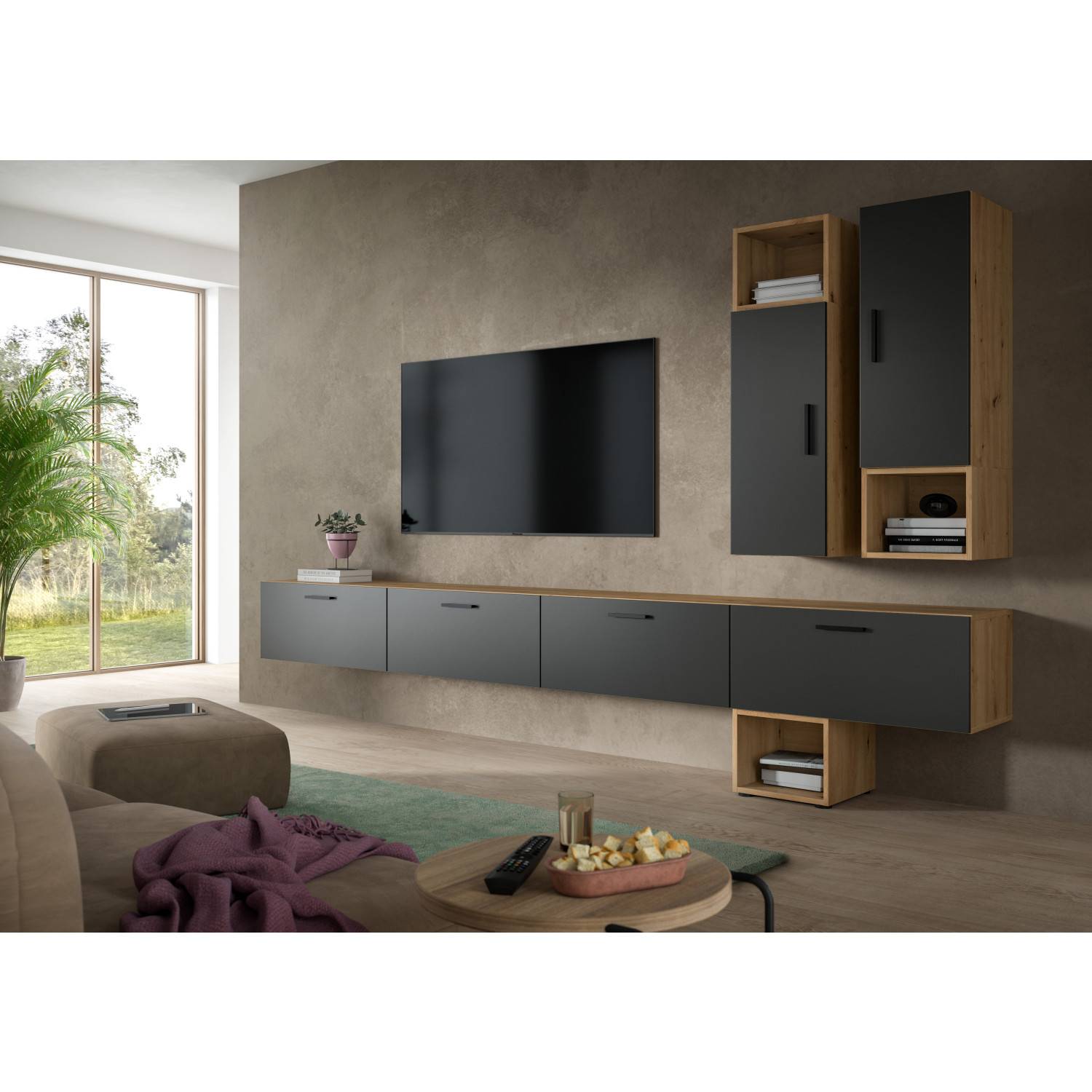 Moderne Fernsehwandkombination für das Wohnzimmer mit Lowboard und Hängeschränken – Estoron