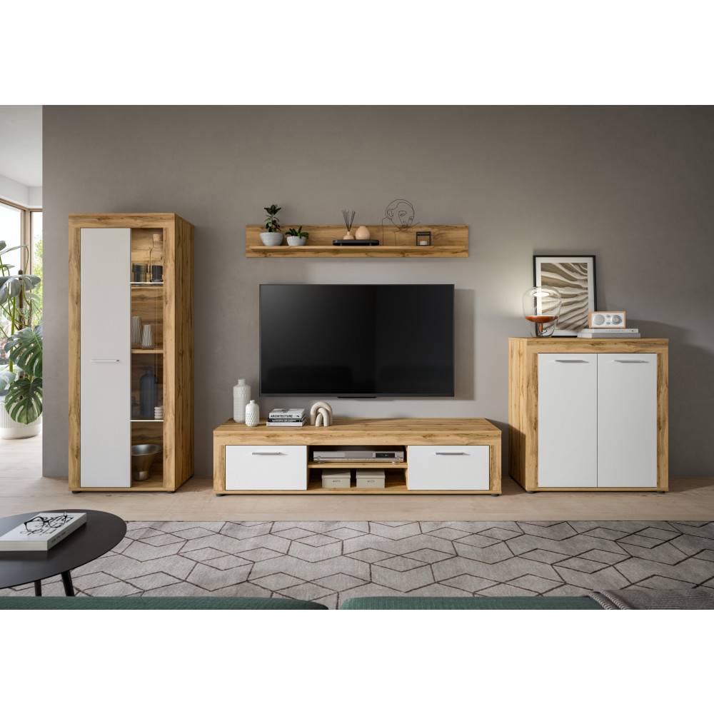 Moderne Wohnwand Kombination aus TV-Board, Hochschrank, Wandregal und Kommode in Holzoptik – Jatiga