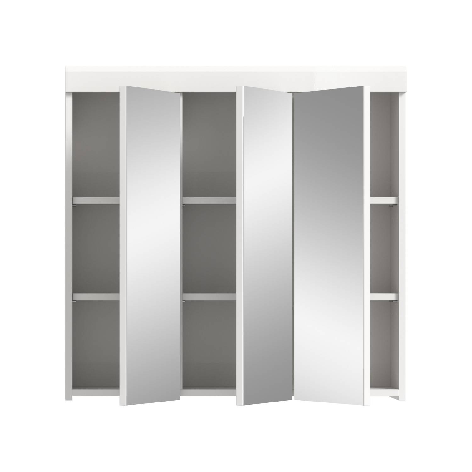 Weißer Badschrank mit drei geöffneten Spiegeltüren und sichtbaren Ablagefächern – Nanila