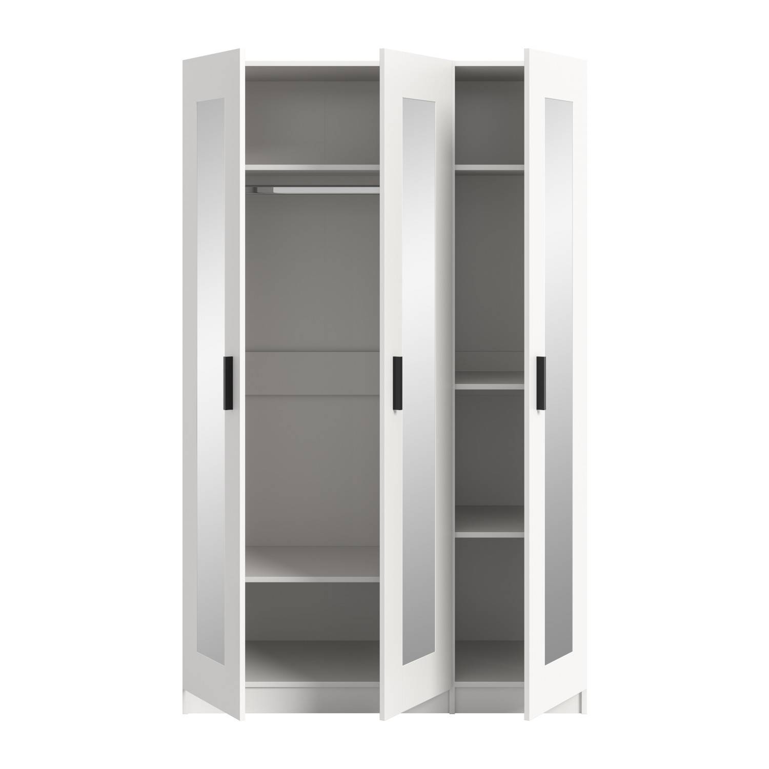 Geräumiger weißer Drehtürenschrank mit Spiegeltüren, geöffnet und leer mit Kleiderstange und Regalböden – Bilbo