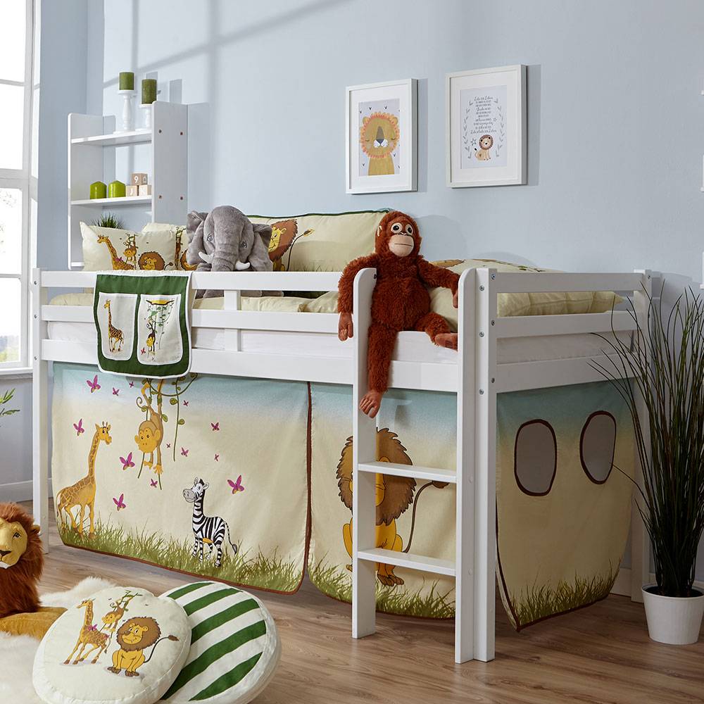Weißes Kinderzimmer Hochbett mit Stoff Ausstattung - Vilarila