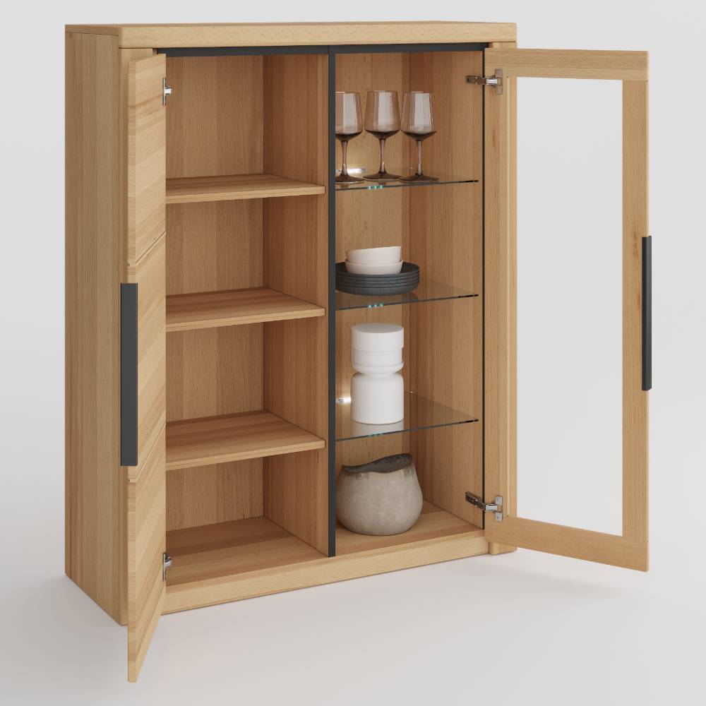 Highboard-Vitrine in Kernbuche teilmassiv - Bordana