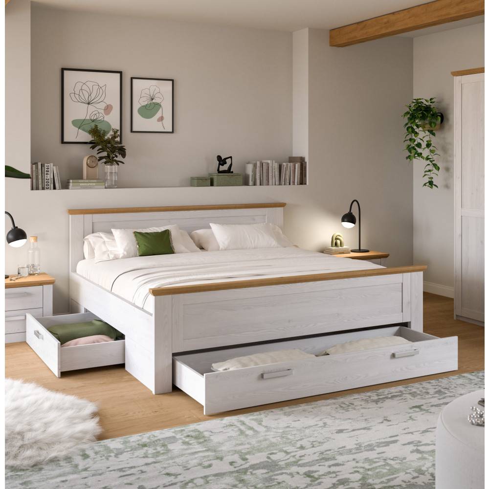 Komfortables Schlafzimmerbett mit praktischen Schubladen und Eichenholz-Optik – Fusaro