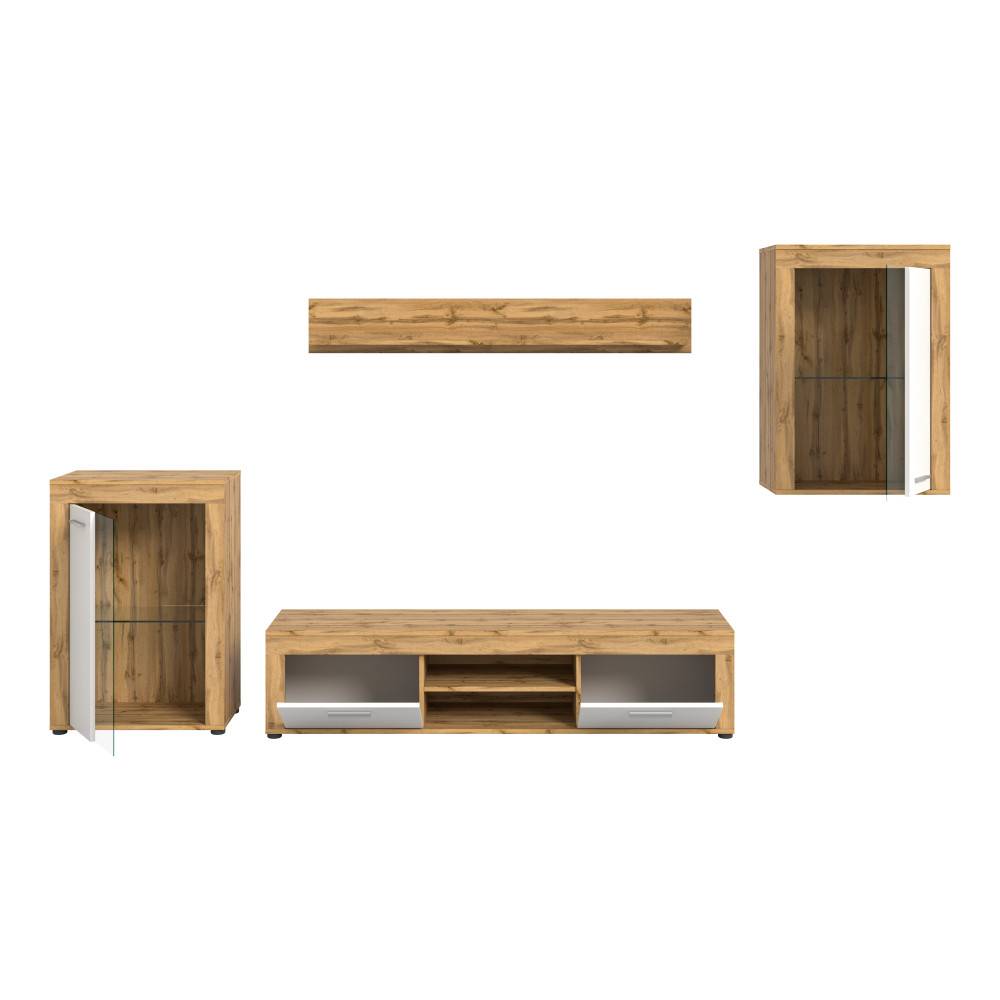 Einzelansicht der vierteiligen Wohnzimmer Medienwand mit Lowboard, Regal und Vitrinen auf weißem Grund – Jatiga