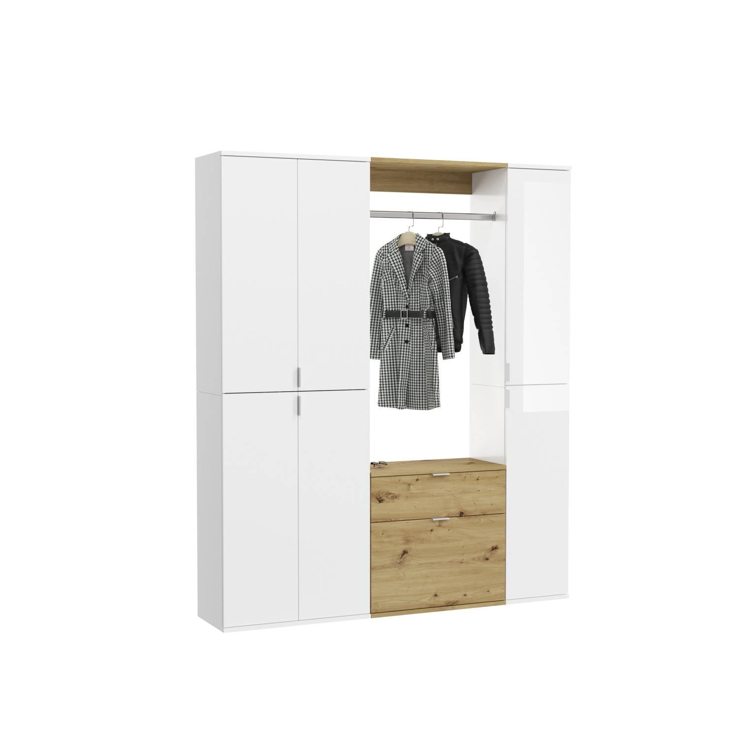 Vierteiliges Flurgarderobenset weiß und Holzoptik mit Schränken, Garderobe und Schuhschrank – Ejulia