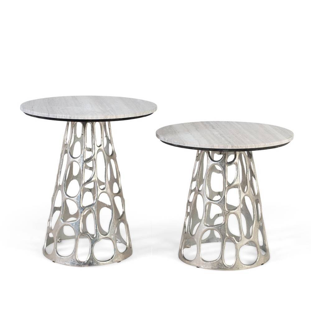 Zweiteiliges Couchtisch Set mit runden Marmorplatten und eleganten silbernen Untergestellen – Africo