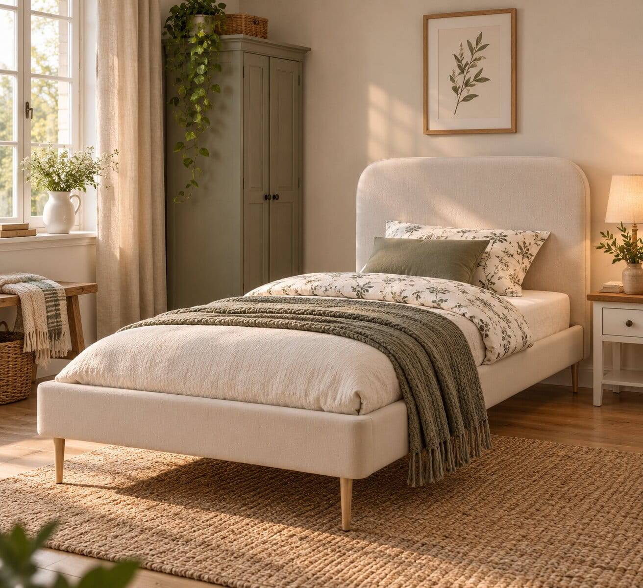 Retrobett mit Samt in Beige - Nunki