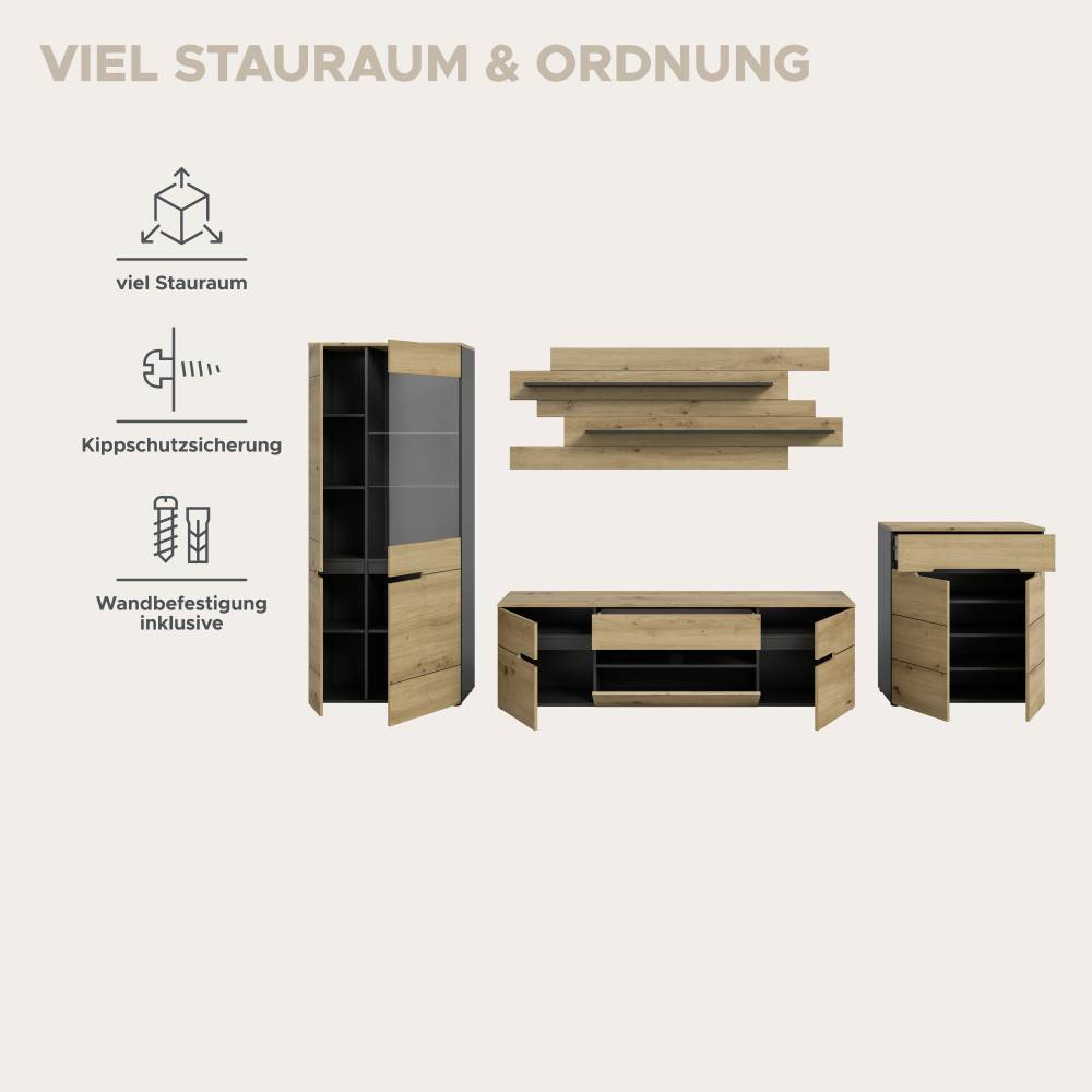 Funktionen der dreiteiligen Anbauwand mit viel Stauraum, Kippschutz und Wandbefestigung – Irysma